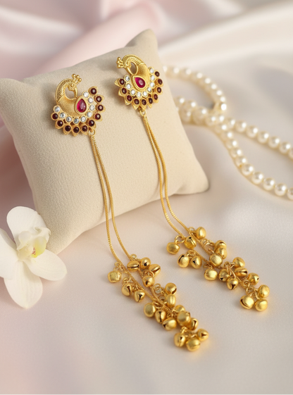 Ruby Crescent Peacock Earrings with Golden Ghungroo Cascade