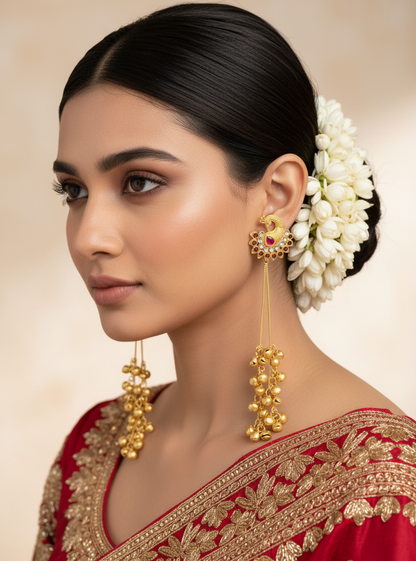 Ruby Crescent Peacock Earrings with Golden Ghungroo Cascade