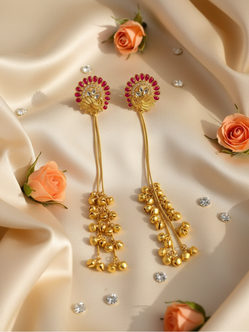 Ruby Peacock Halo Earrings with Golden Ghungroo Cascade