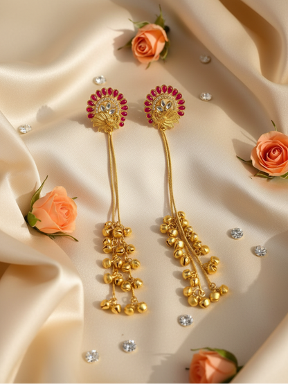 Ruby Peacock Halo Earrings with Golden Ghungroo Cascade