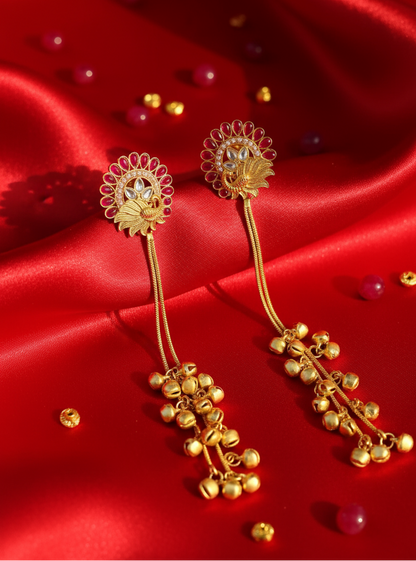 Ruby Peacock Halo Earrings with Golden Ghungroo Cascade