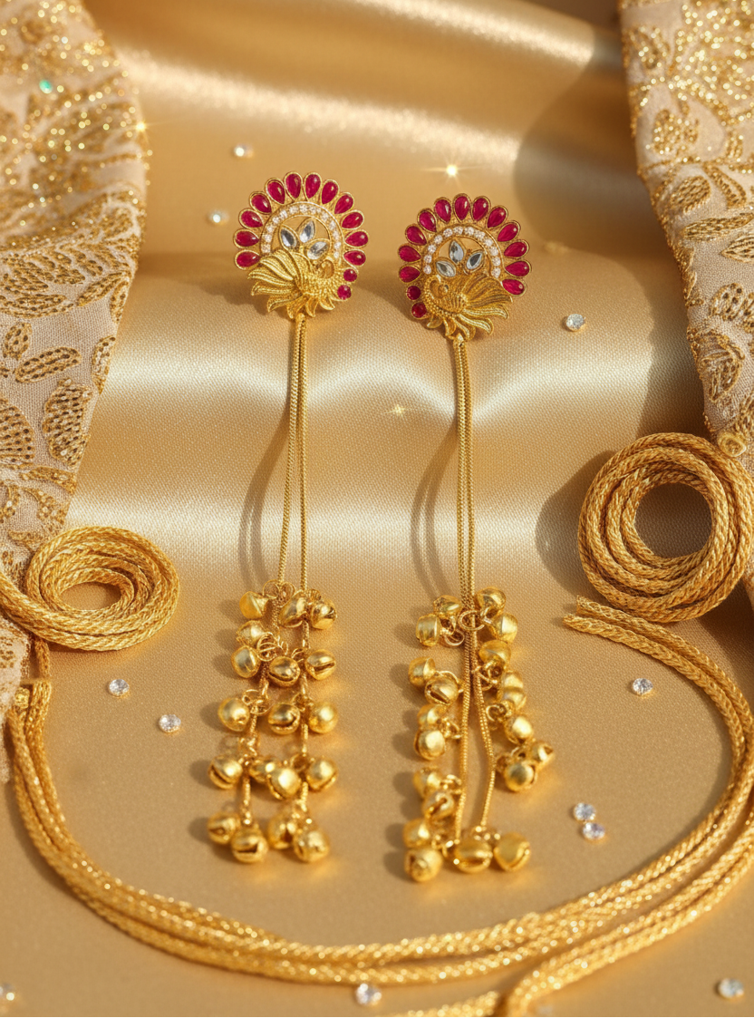Ruby Peacock Halo Earrings with Golden Ghungroo Cascade