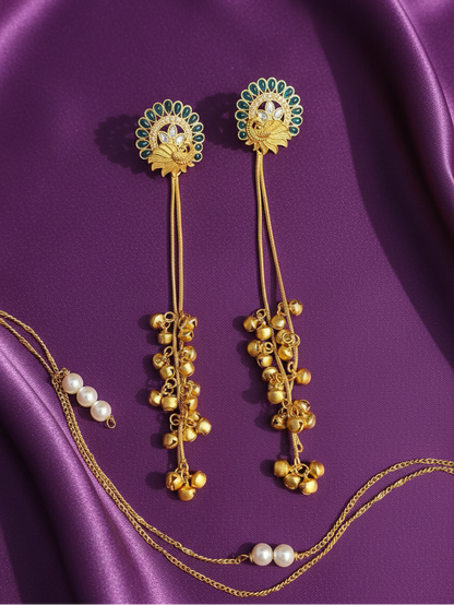 Sapphire Peacock Plume Earrings with Golden Ghungroo Cascade
