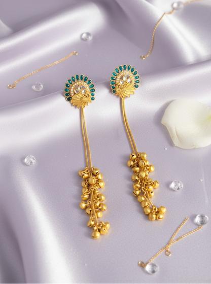 Sapphire Peacock Plume Earrings with Golden Ghungroo Cascade