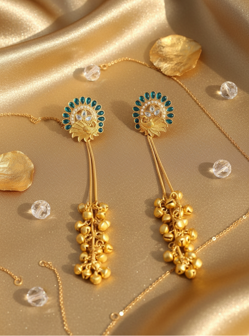 Sapphire Peacock Plume Earrings with Golden Ghungroo Cascade