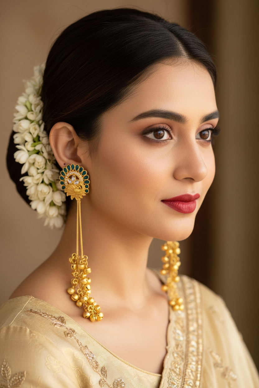 Sapphire Peacock Plume Earrings with Golden Ghungroo Cascade
