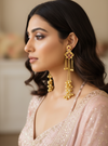 Ruby Crown Filigree Earrings with Golden Ghungroo Cascade