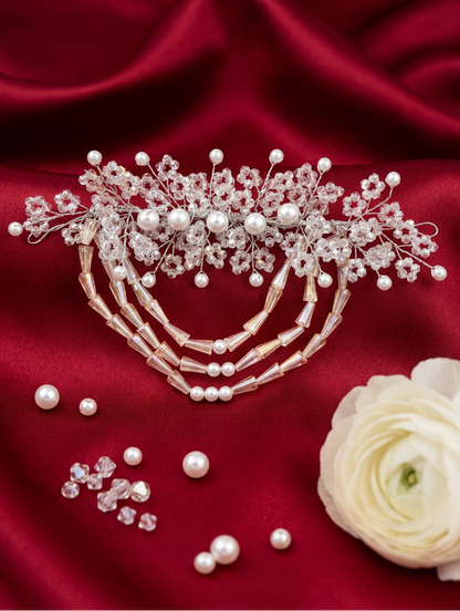 Crystal Blossom Hair Accessory with Pearl Cascade