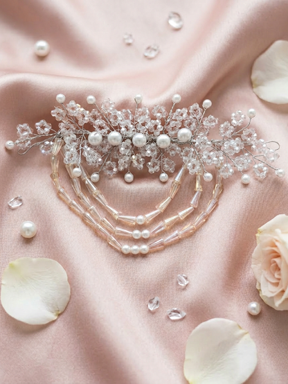Crystal Blossom Hair Accessory with Pearl Cascade