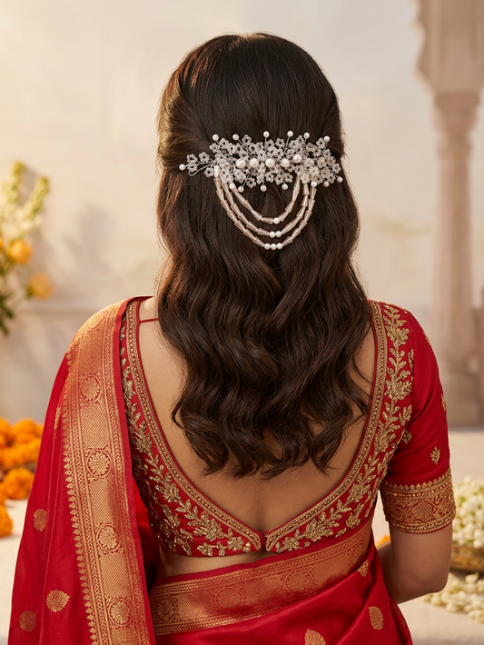 Crystal Blossom Hair Accessory with Pearl Cascade