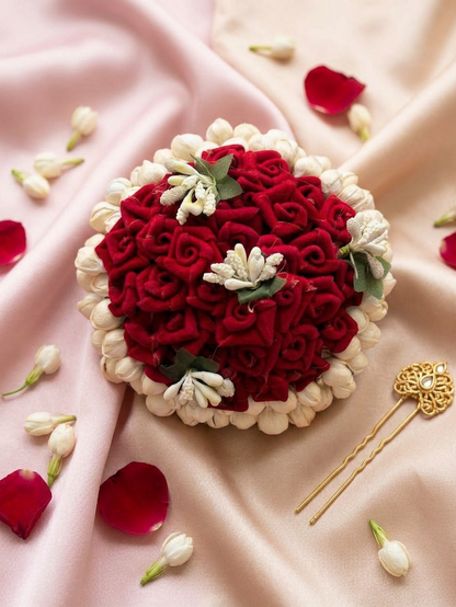 Crimson Rose Garden Hair Bun with Pearl Halo