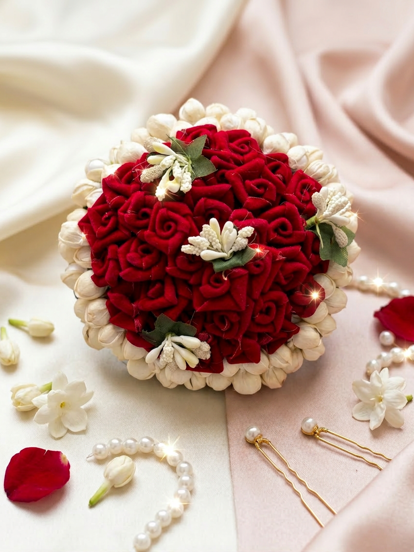 Crimson Rose Garden Hair Bun with Pearl Halo