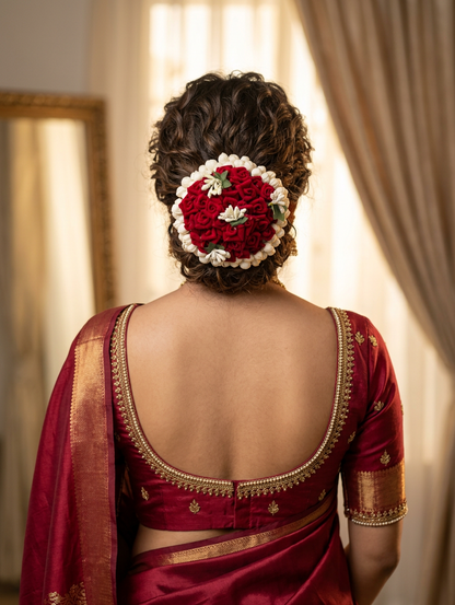 Crimson Rose Garden Hair Bun with Pearl Halo