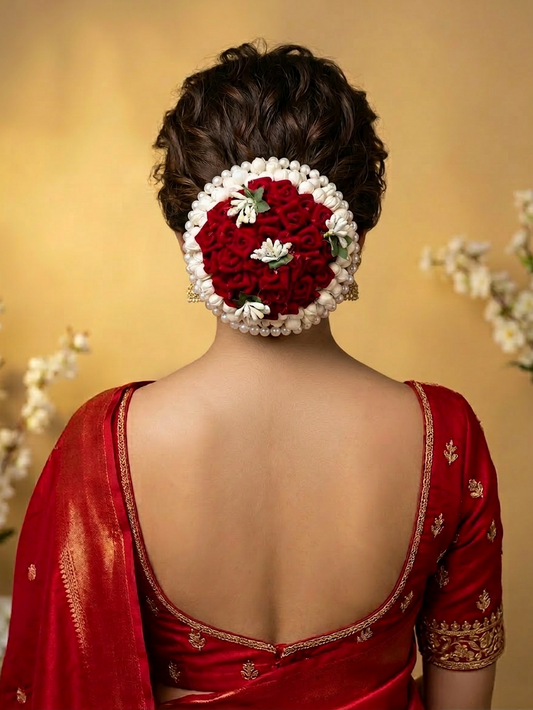 Crimson Rose Garden Hair Bun with Pearl Halo
