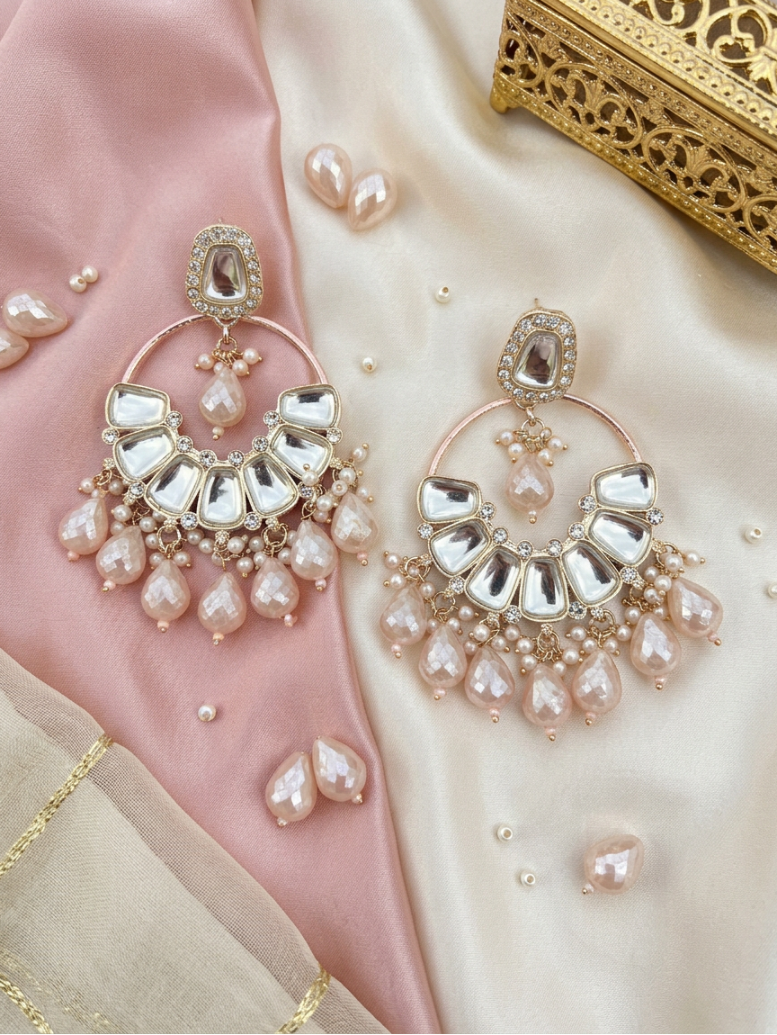 Peach Mirror Kundan Chandbali Earrings with Pearl Cascade