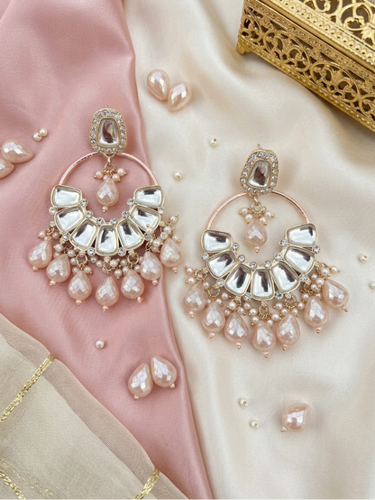 Peach Mirror Kundan Chandbali Earrings with Pearl Cascade
