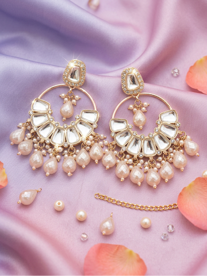 Peach Mirror Kundan Chandbali Earrings with Pearl Cascade