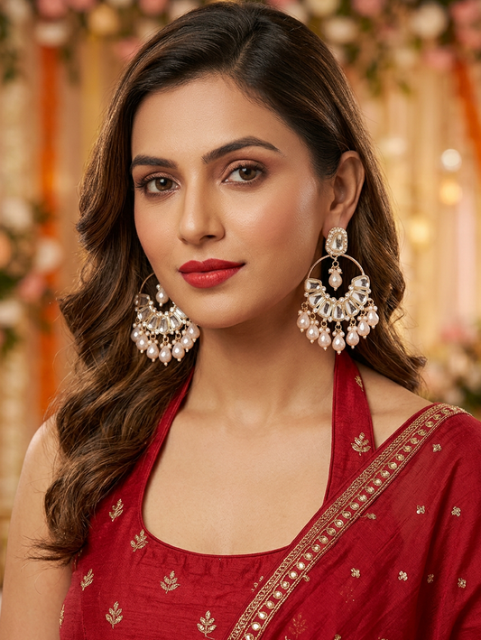 Peach Mirror Kundan Chandbali Earrings with Pearl Cascade