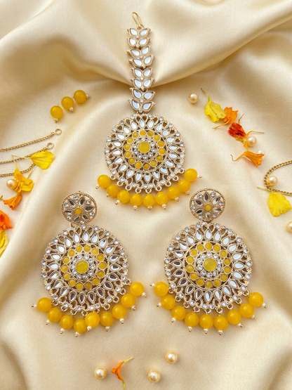 Sunshine Kundan Earrings & Maang Tikka Set with Yellow Bead Fringe