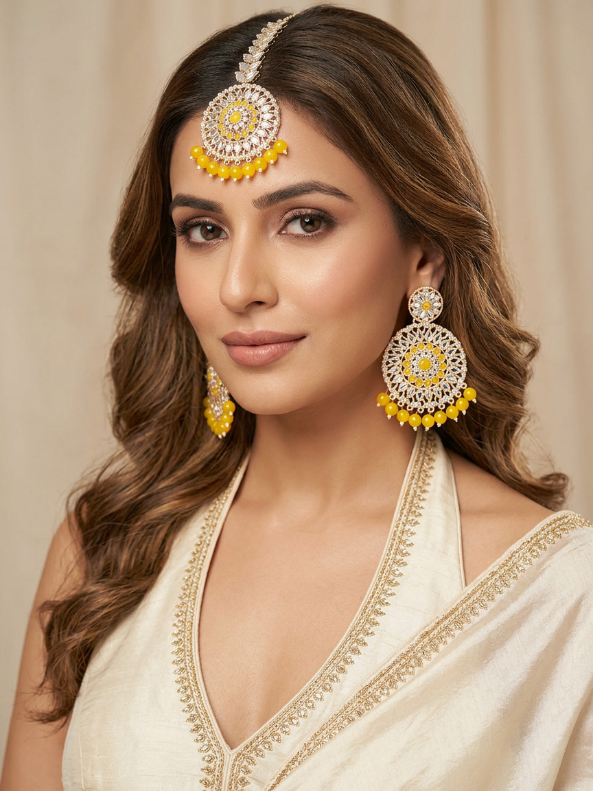 Sunshine Kundan Earrings & Maang Tikka Set with Yellow Bead Fringe