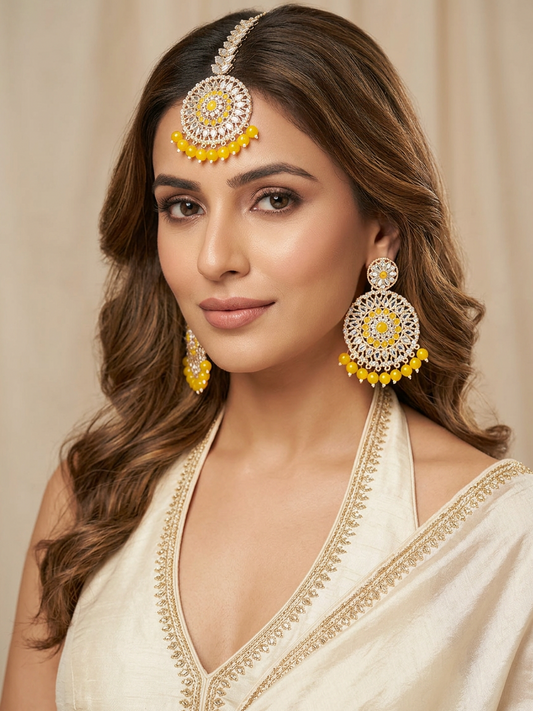 Sunshine Kundan Earrings & Maang Tikka Set with Yellow Bead Fringe