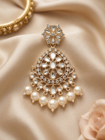 Golden Lotus Kundan Earrings with Pearl Drop Fringe