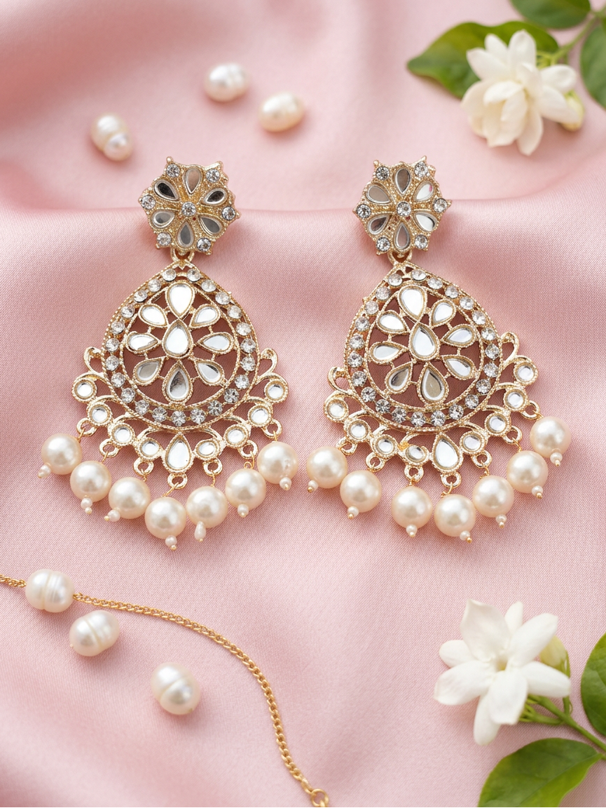 Golden Lotus Kundan Earrings with Pearl Drop Fringe