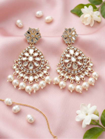 Golden Lotus Kundan Earrings with Pearl Drop Fringe