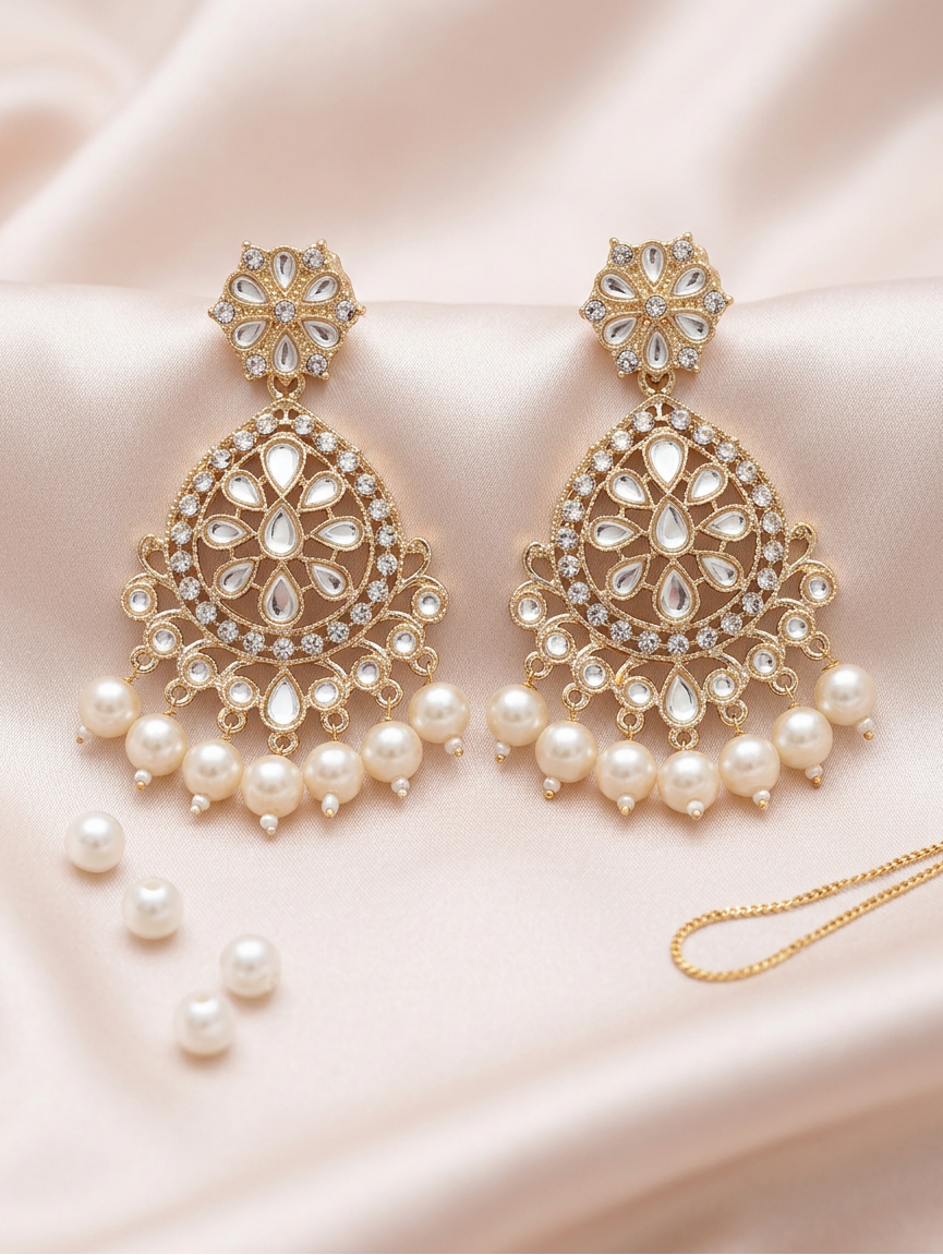 Golden Lotus Kundan Earrings with Pearl Drop Fringe