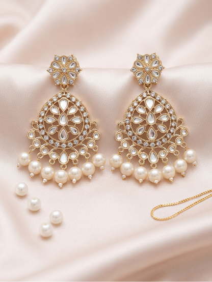 Golden Lotus Kundan Earrings with Pearl Drop Fringe