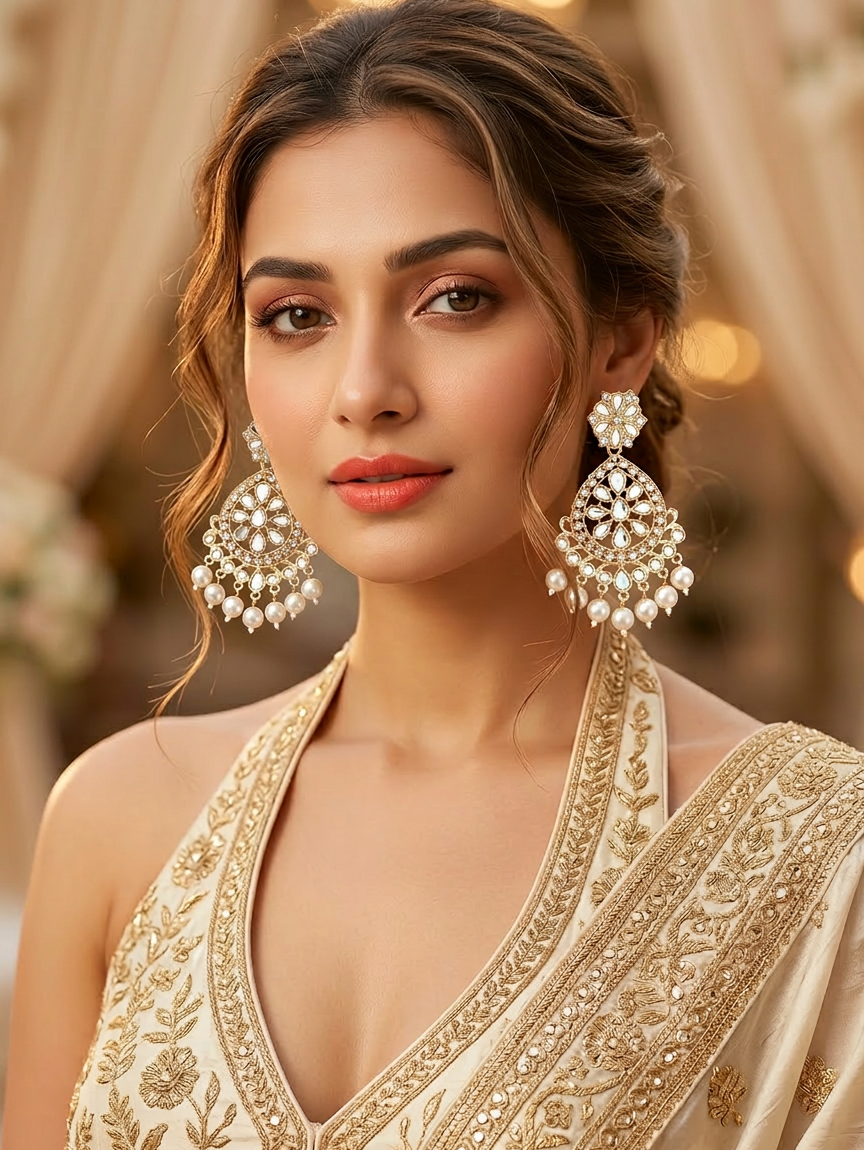 Golden Lotus Kundan Earrings with Pearl Drop Fringe