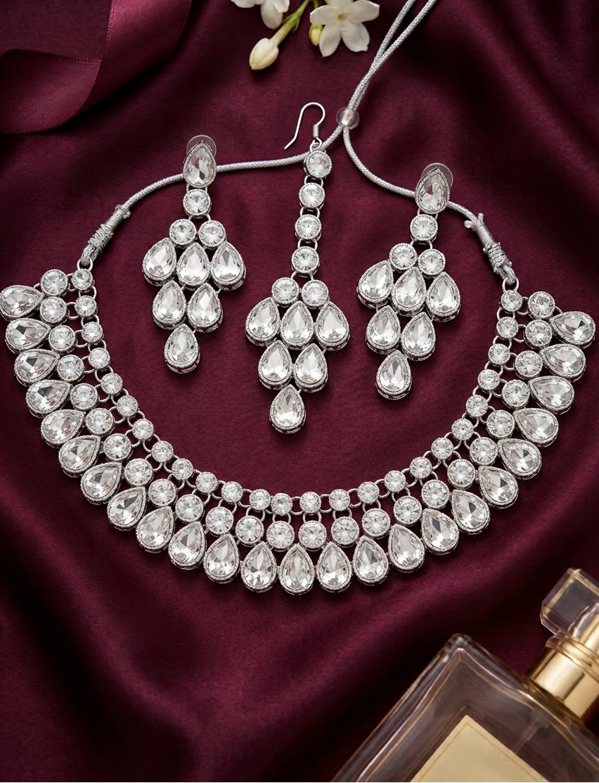 Kundan Cascade Necklace, Earrings & Maang Tikka Bridal Set