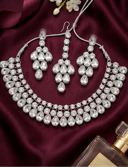 Kundan Cascade Necklace, Earrings & Maang Tikka Bridal Set