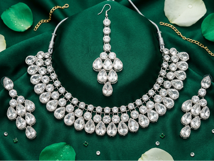Kundan Cascade Necklace, Earrings & Maang Tikka Bridal Set