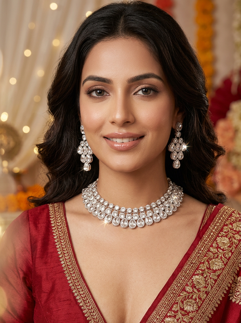 Kundan Cascade Necklace, Earrings & Maang Tikka Bridal Set