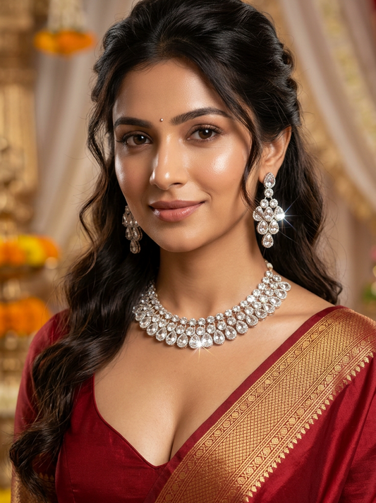 Kundan Cascade Necklace, Earrings & Maang Tikka Bridal Set
