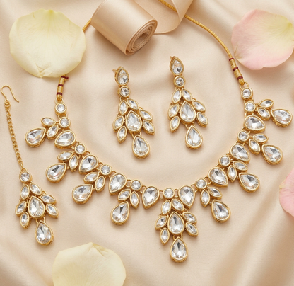 Golden Leaf Crystal Necklace, Earrings & Maang Tikka Bridal Set