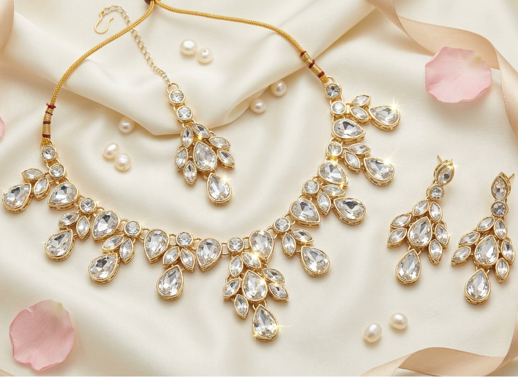 Golden Leaf Crystal Necklace, Earrings & Maang Tikka Bridal Set