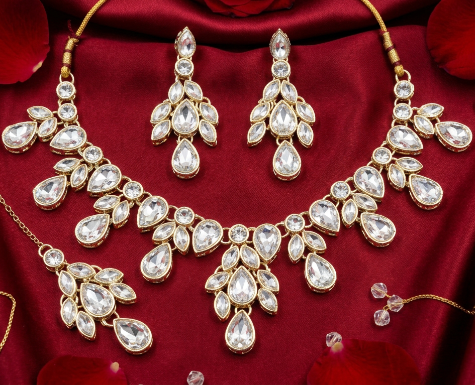 Golden Leaf Crystal Necklace, Earrings & Maang Tikka Bridal Set