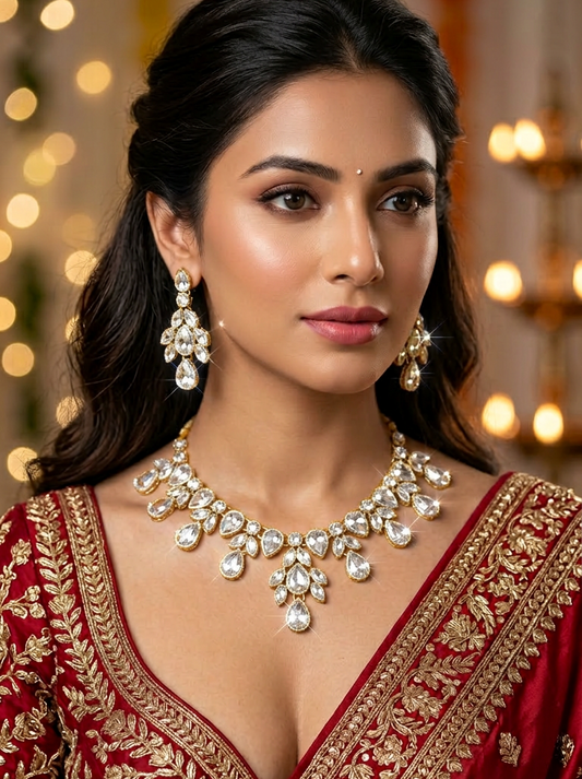 Golden Leaf Crystal Necklace, Earrings & Maang Tikka Bridal Set