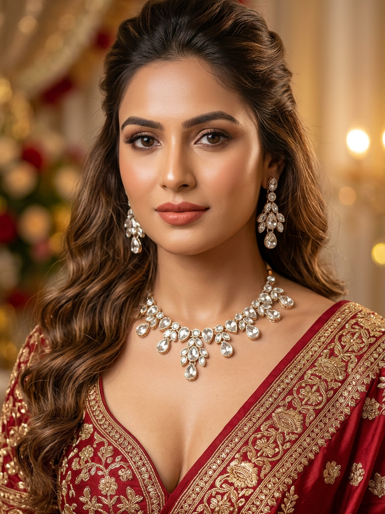 Golden Leaf Crystal Necklace, Earrings & Maang Tikka Bridal Set