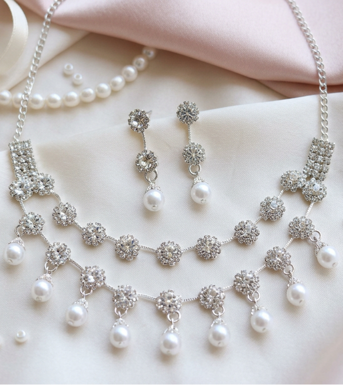 Crystal Flower Garland Necklace & Earrings Set with Pearl Drops