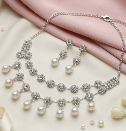 Crystal Flower Garland Necklace & Earrings Set with Pearl Drops
