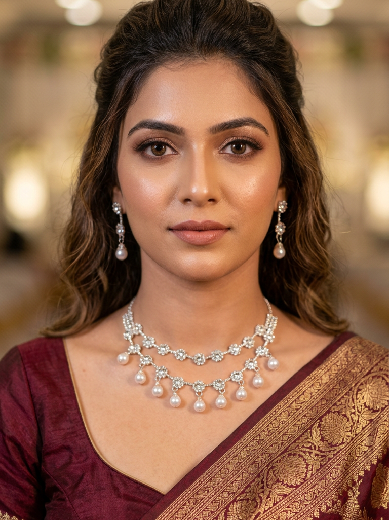Crystal Flower Garland Necklace & Earrings Set with Pearl Drops