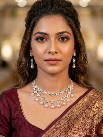 Crystal Flower Garland Necklace & Earrings Set with Pearl Drops