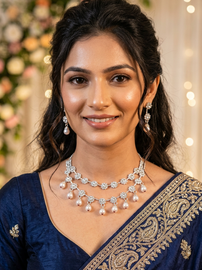 Crystal Flower Garland Necklace & Earrings Set with Pearl Drops