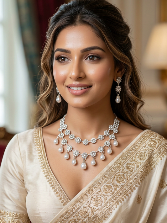 Crystal Flower Garland Necklace & Earrings Set with Pearl Drops