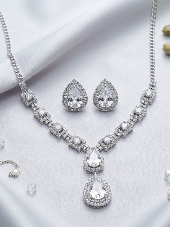 Diamond Teardrop Halo Necklace & Earrings Set