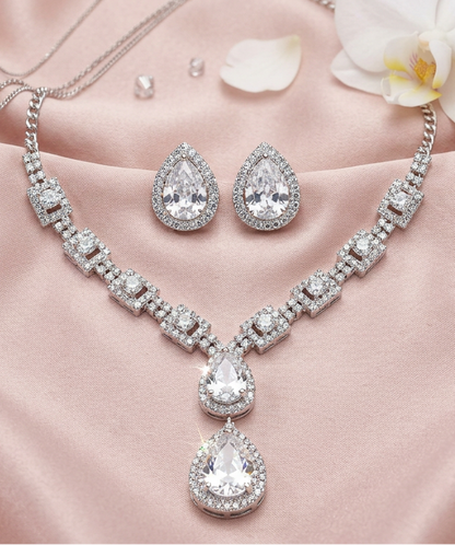 Diamond Teardrop Halo Necklace & Earrings Set