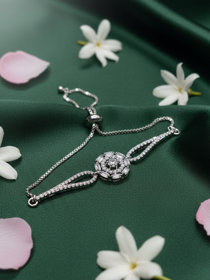 Silver Cubic Zirconia Adjustable Bracelet with Octagonal Floral Centerpiece